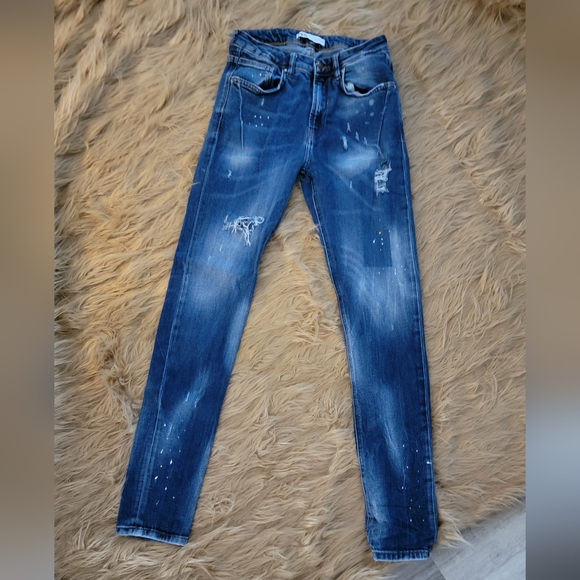 Zara Denim - Zara Distressed Skinny Jeans Women's Sz 30x30 Splatter Blue Denim